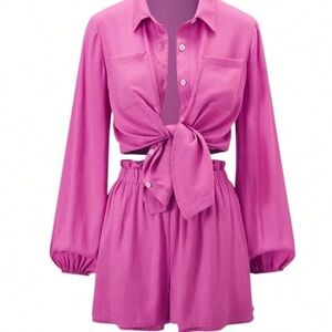 Pink Tie-Front Blouse and Shorts Set